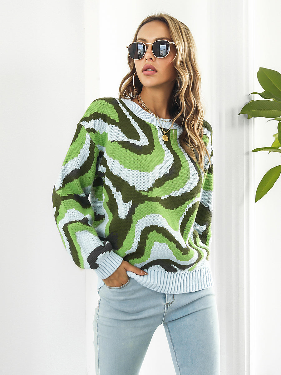 Wave Striped Round Neck Dropped Shoulder Sweater