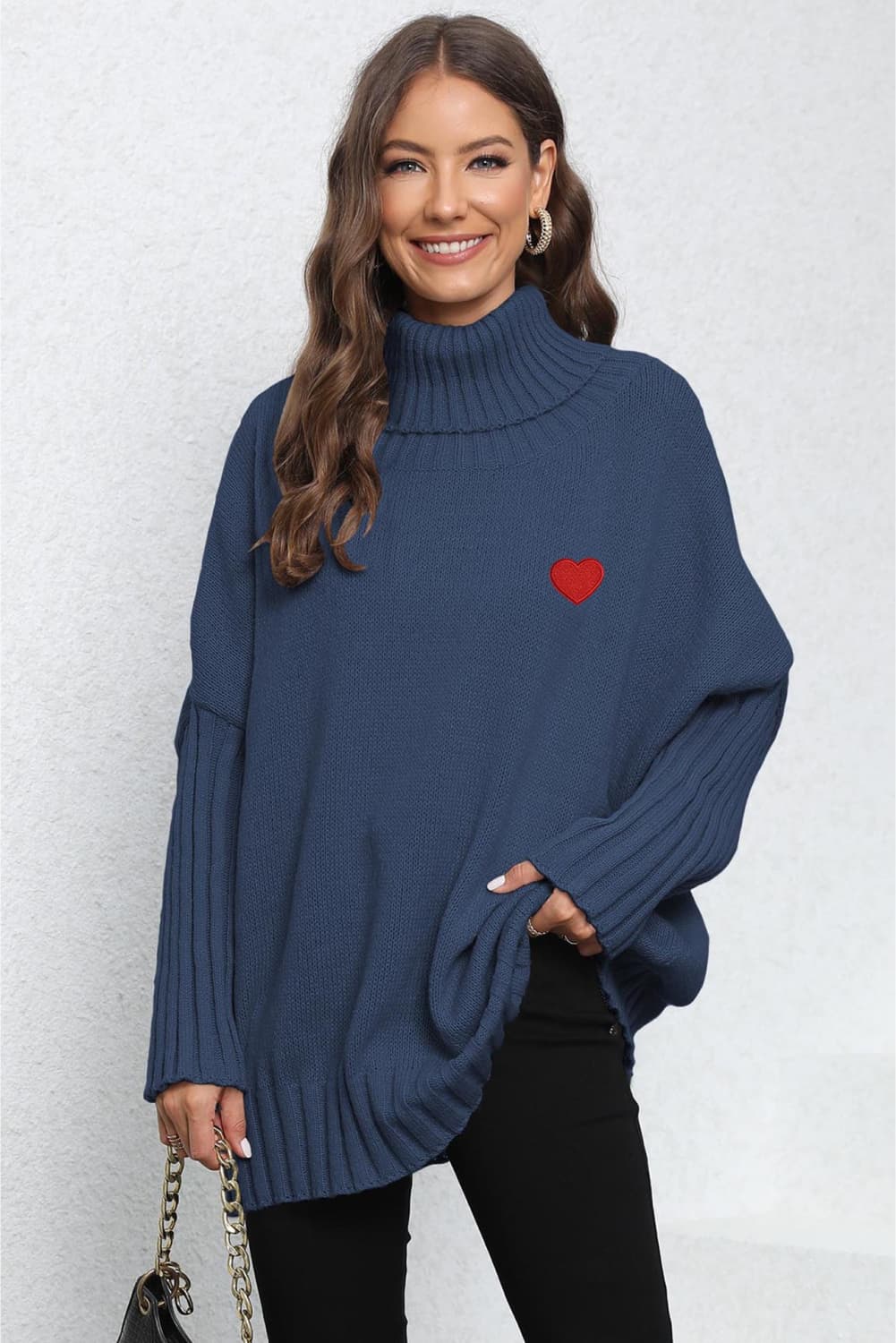 Heart Turtle Neck Long Sleeve Ribbed Sweater