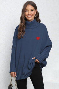 Heart Turtle Neck Long Sleeve Ribbed Sweater
