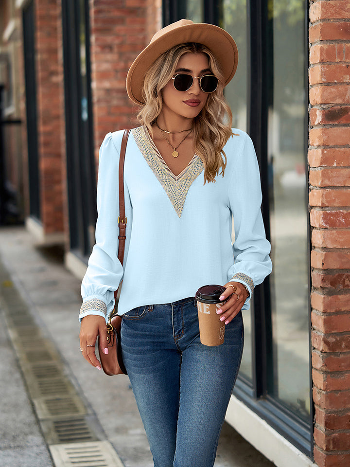 Basic style V-Neck Long Sleeve Blouse