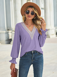 Solid Eyelet V-Neck Flounce Sleeve Blouse