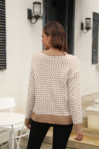 Two Tone Printed Round Neck Dropped Shoulder Sweater