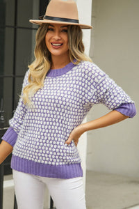 Two Tone Printed Round Neck Dropped Shoulder Sweater