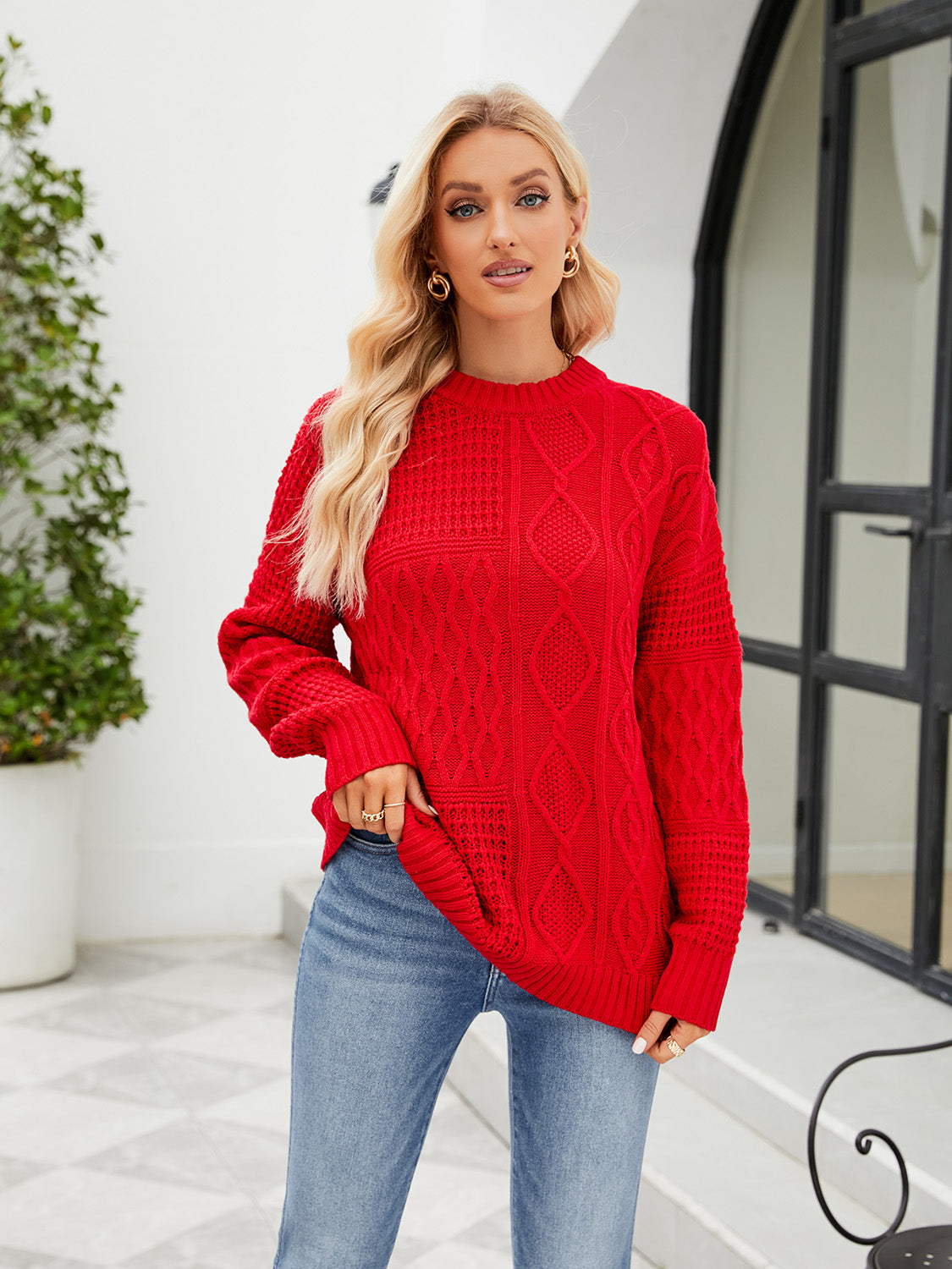 Round Neck Dropped Shoulder Long Sleeve Sweater