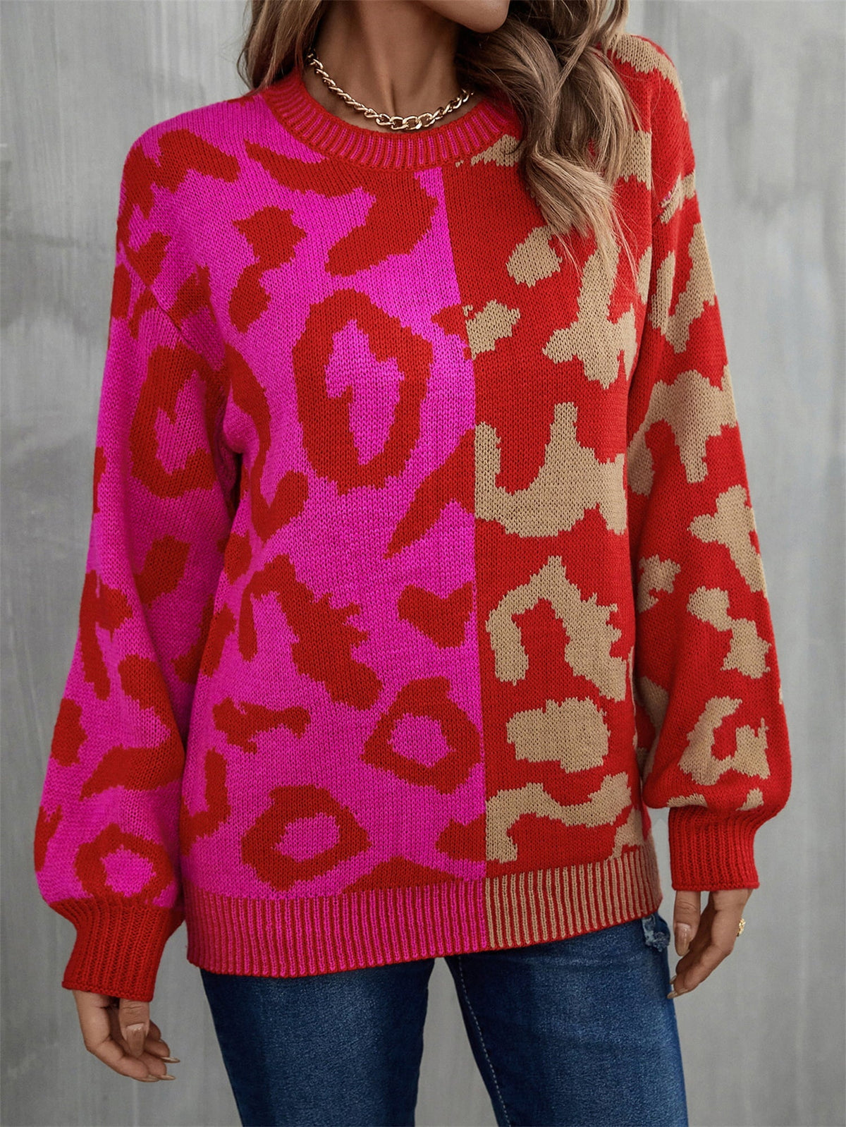 Contrast Color Round Neck Dropped Shoulder Sweater