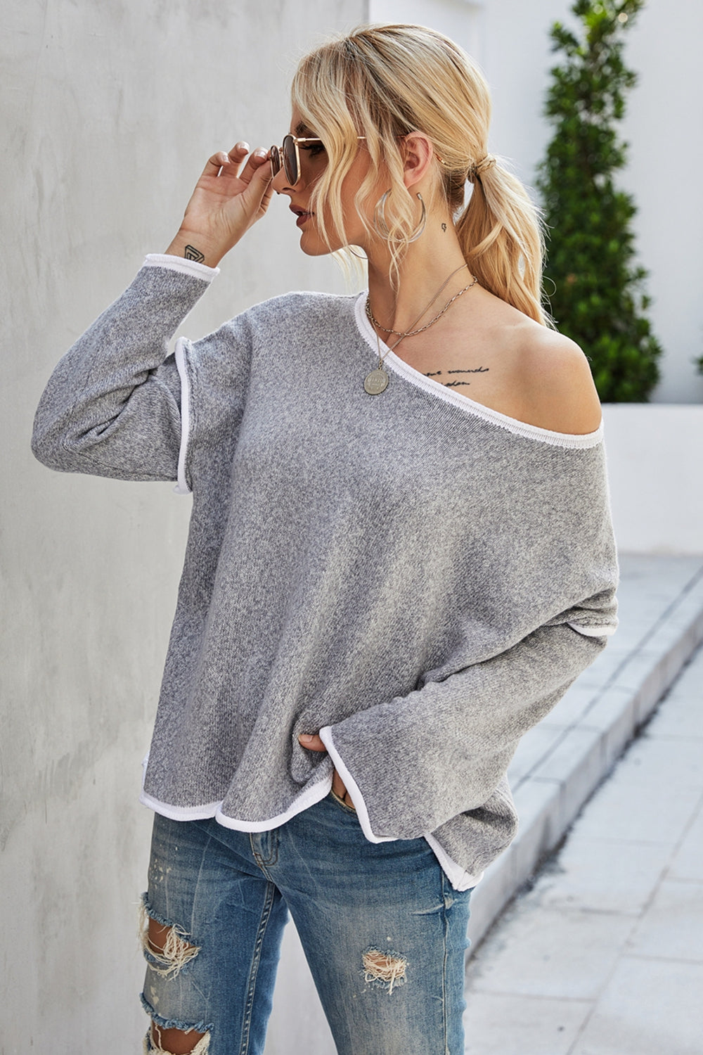 Casual Round Neck Dropped Shoulder Sweater