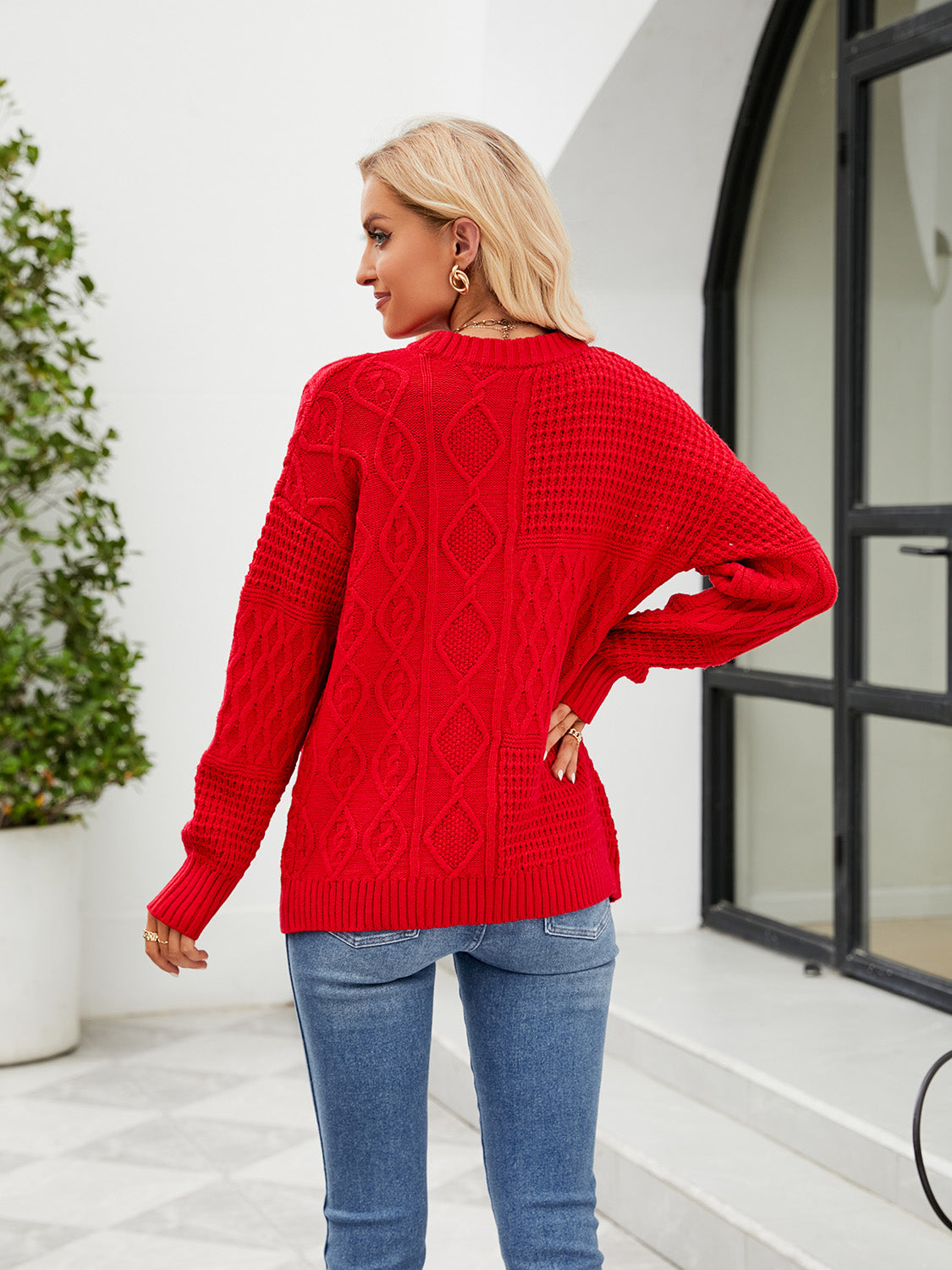 Round Neck Dropped Shoulder Long Sleeve Sweater