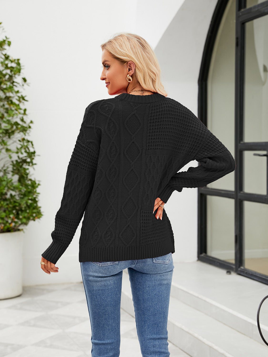 Round Neck Dropped Shoulder Long Sleeve Sweater