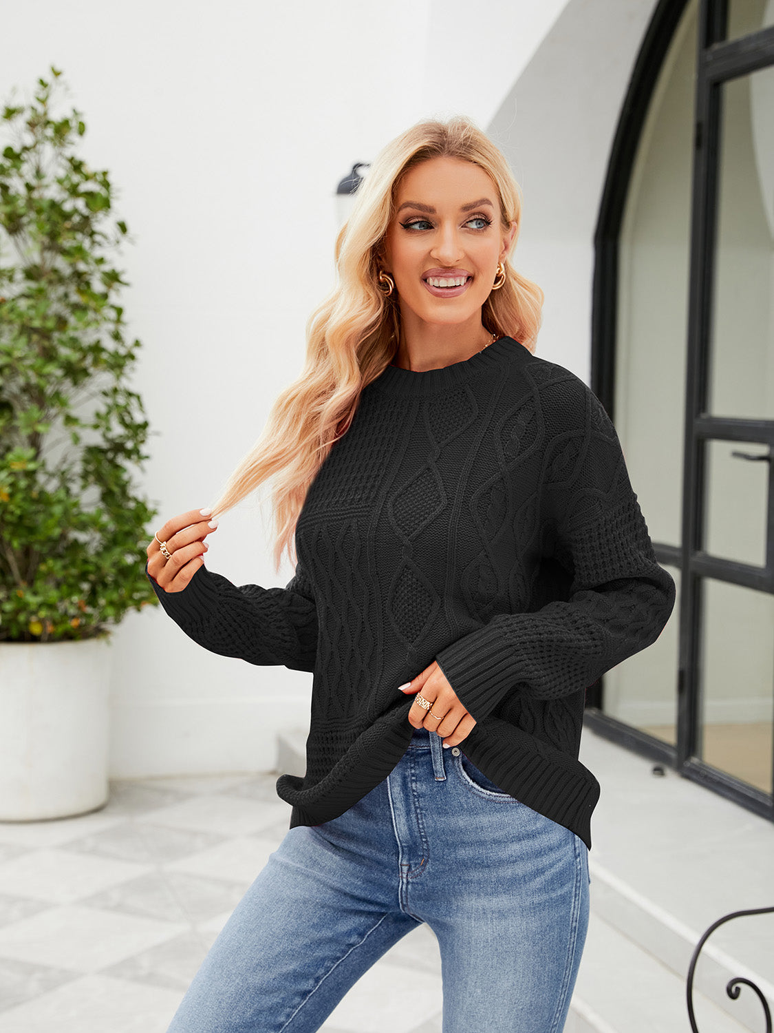 Round Neck Dropped Shoulder Long Sleeve Sweater