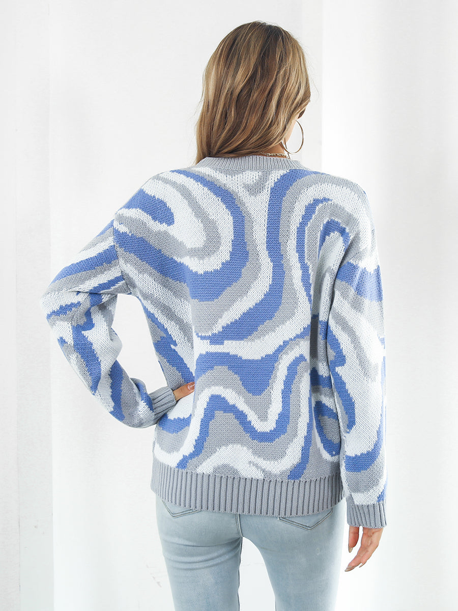 Wave Striped Round Neck Dropped Shoulder Sweater