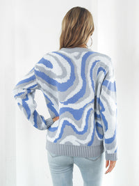 Wave Striped Round Neck Dropped Shoulder Sweater