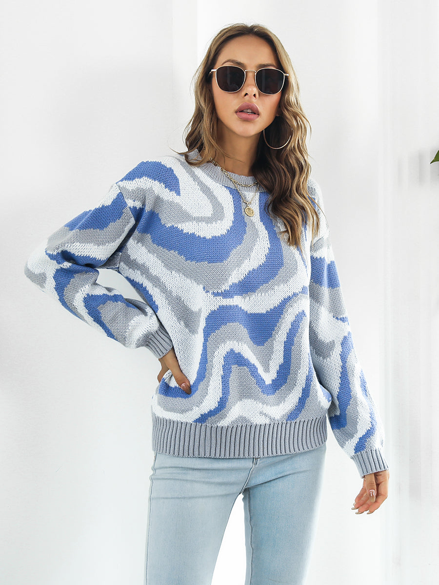 Wave Striped Round Neck Dropped Shoulder Sweater