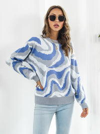 Wave Striped Round Neck Dropped Shoulder Sweater