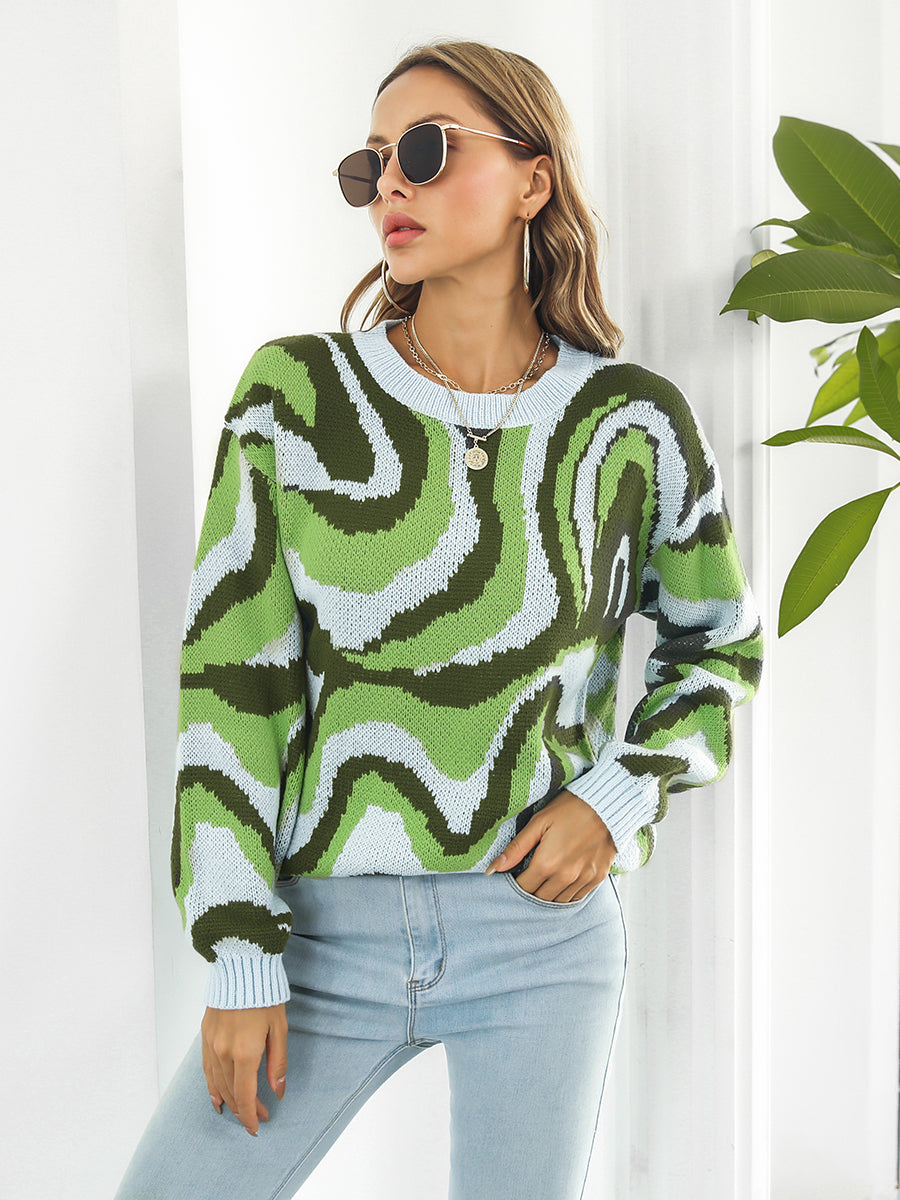 Wave Striped Round Neck Dropped Shoulder Sweater