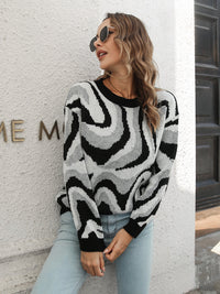 Wave Striped Round Neck Dropped Shoulder Sweater