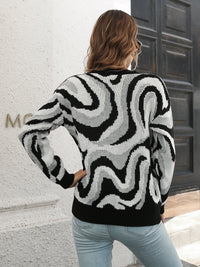 Wave Striped Round Neck Dropped Shoulder Sweater