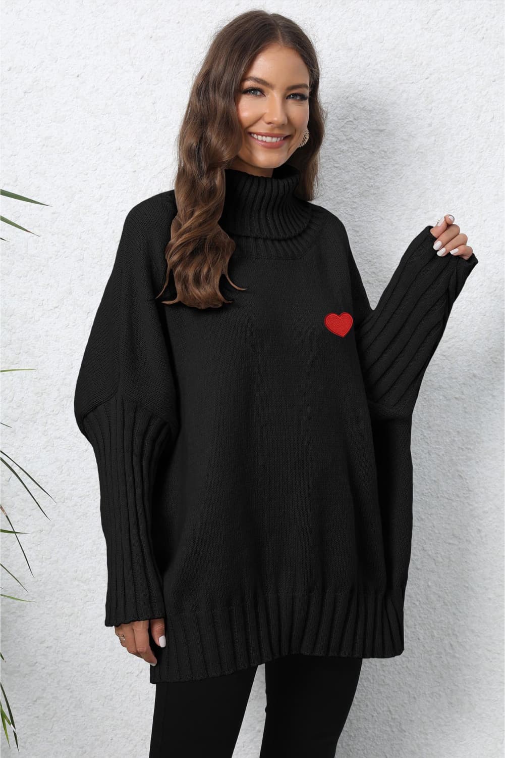 Heart Turtle Neck Long Sleeve Ribbed Sweater