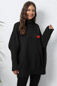 Heart Turtle Neck Long Sleeve Ribbed Sweater