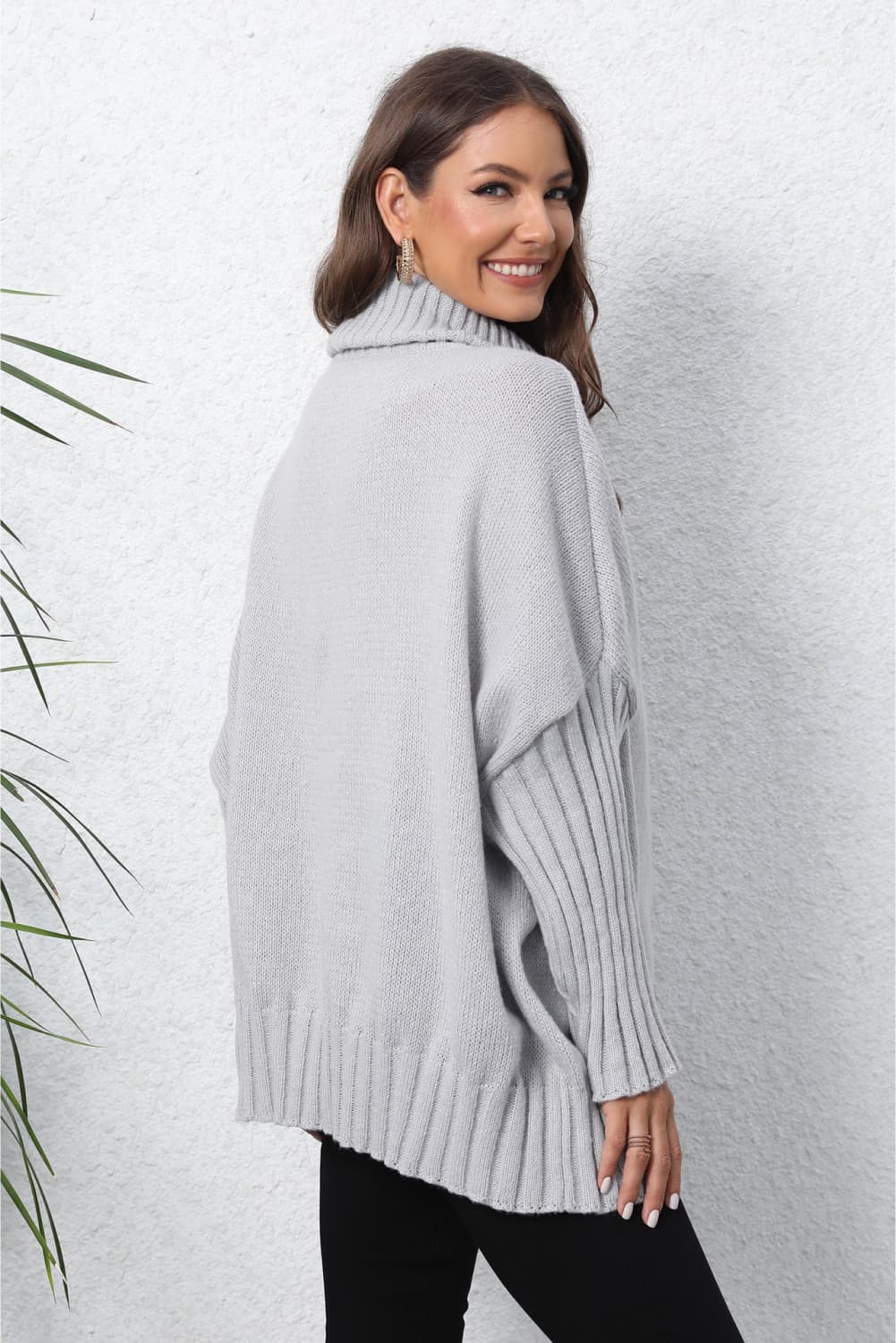 Heart Turtle Neck Long Sleeve Ribbed Sweater