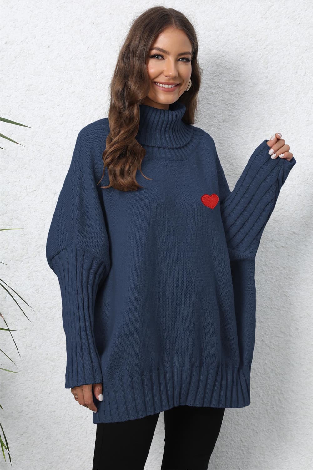 Heart Turtle Neck Long Sleeve Ribbed Sweater