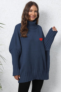 Heart Turtle Neck Long Sleeve Ribbed Sweater