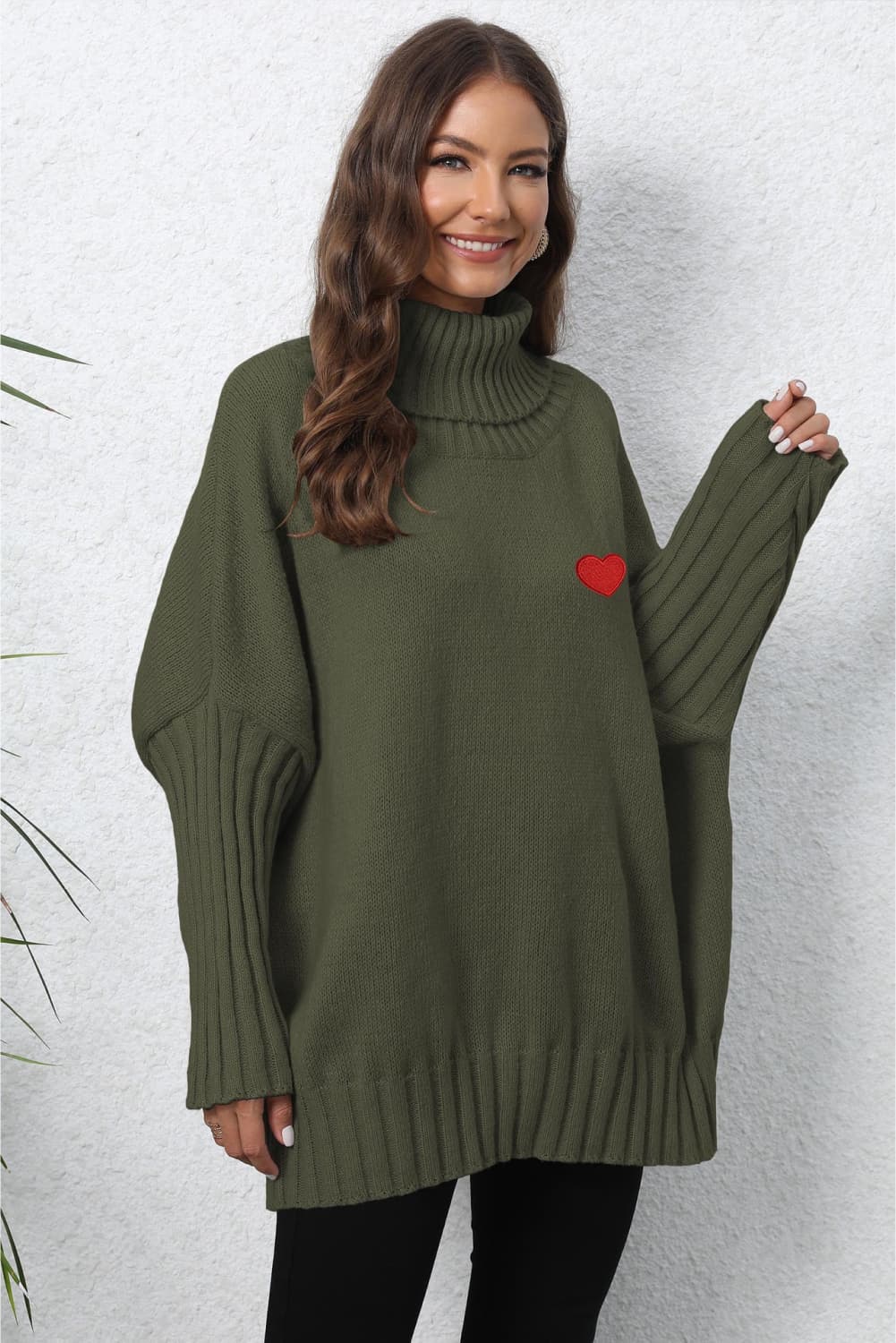 Heart Turtle Neck Long Sleeve Ribbed Sweater
