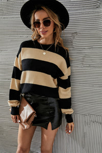 Round Neck Dropped Shoulder Sweater Apricot/Black