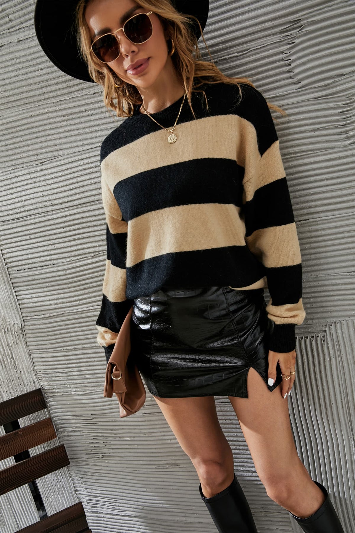 Round Neck Dropped Shoulder Sweater Apricot/Black