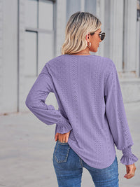 Solid Eyelet V-Neck Flounce Sleeve Blouse