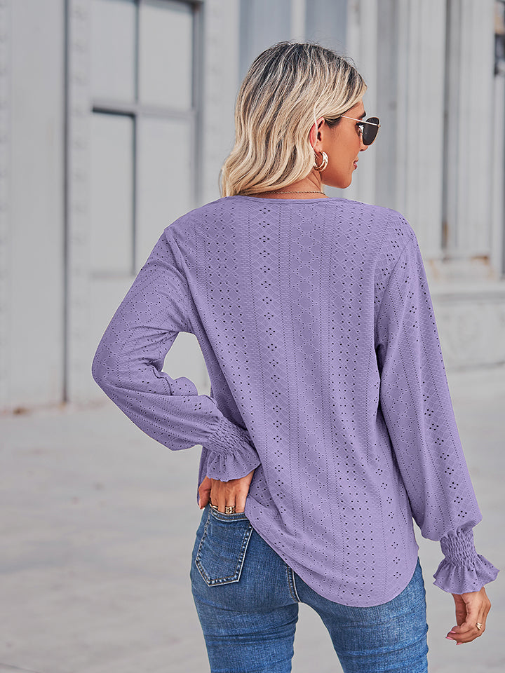 Solid Eyelet V-Neck Flounce Sleeve Blouse