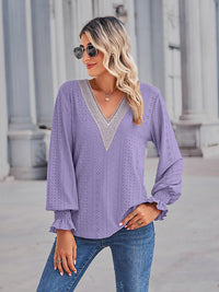 Solid Eyelet V-Neck Flounce Sleeve Blouse