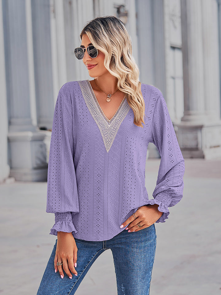 Solid Eyelet V-Neck Flounce Sleeve Blouse