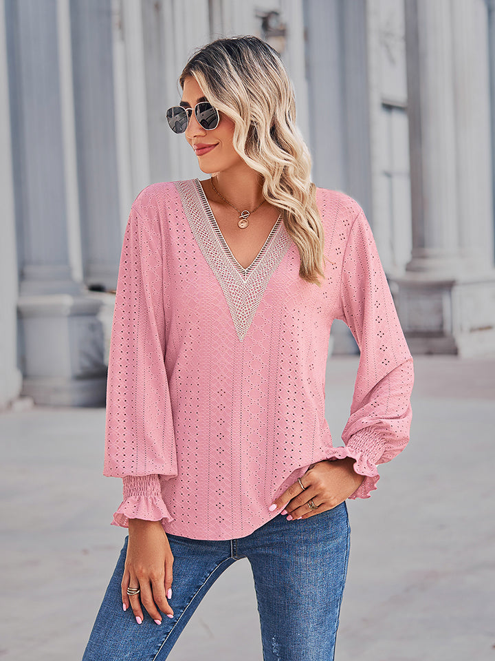 Solid Eyelet V-Neck Flounce Sleeve Blouse