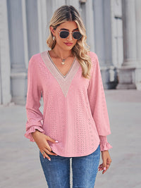 Solid Eyelet V-Neck Flounce Sleeve Blouse