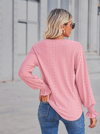Solid Eyelet V-Neck Flounce Sleeve Blouse