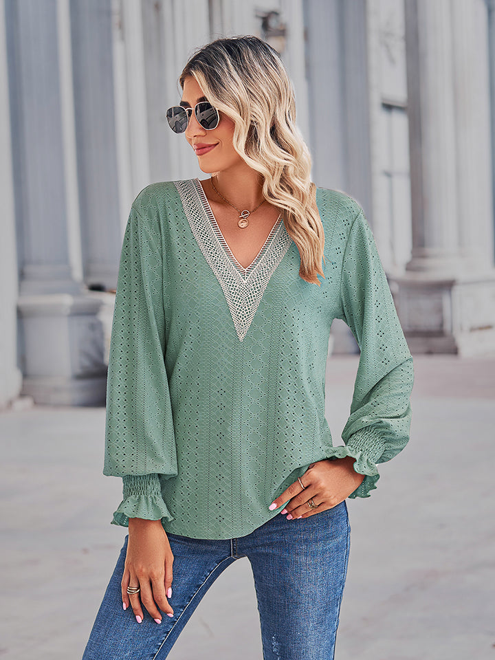 Solid Eyelet V-Neck Flounce Sleeve Blouse