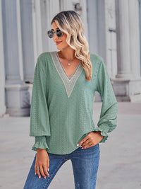 Solid Eyelet V-Neck Flounce Sleeve Blouse