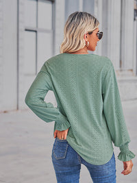 Solid Eyelet V-Neck Flounce Sleeve Blouse
