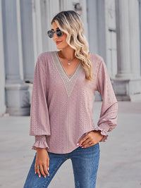 Solid Eyelet V-Neck Flounce Sleeve Blouse