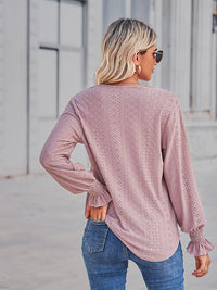 Solid Eyelet V-Neck Flounce Sleeve Blouse