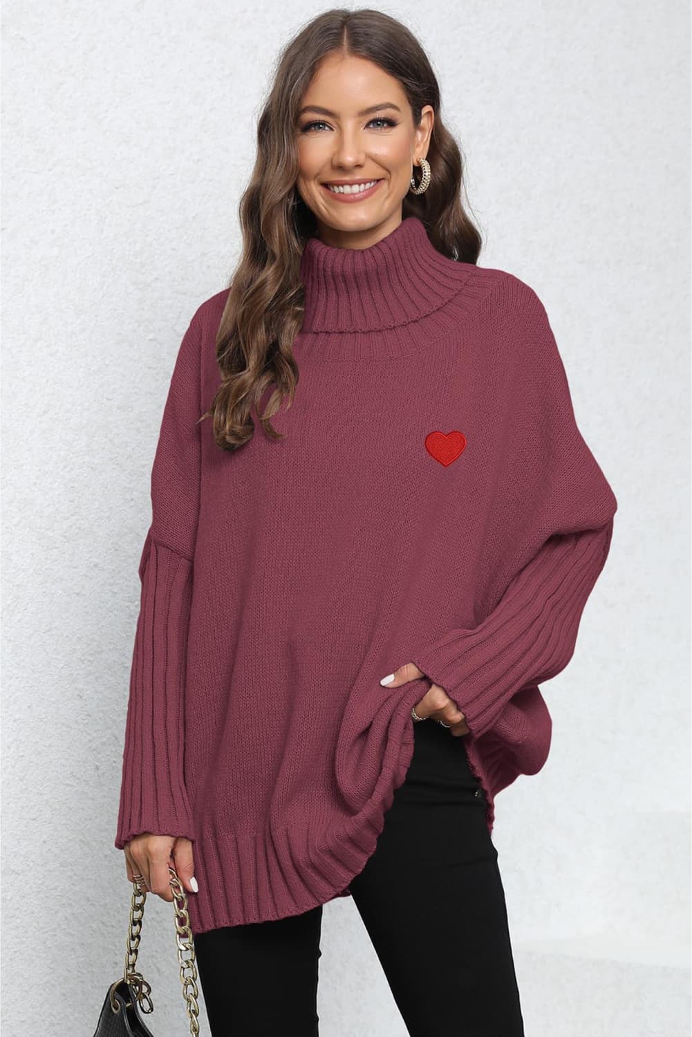 Heart Turtle Neck Long Sleeve Ribbed Sweater