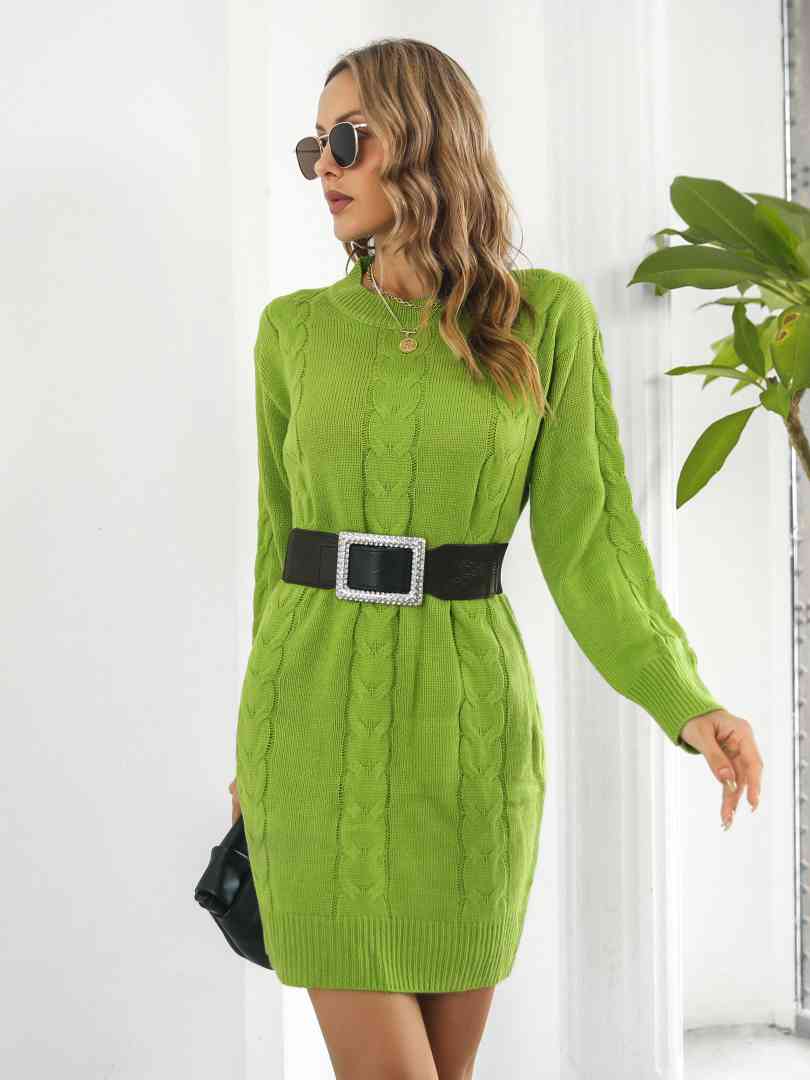 Cable-Knit Round Neck Sweater Dress Lime