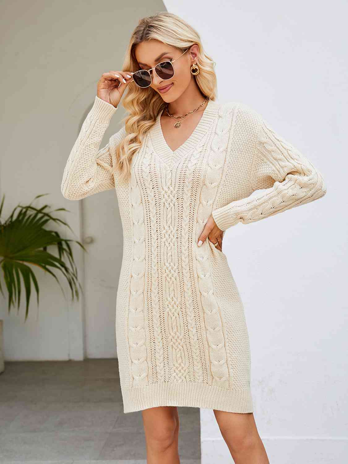 V-Neck Cable-Knit Mini Sweater Dresses