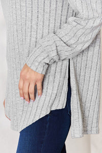 Full Size Ribbed Round Neck Slit T-Shirt