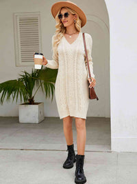 V-Neck Cable-Knit Mini Sweater Dresses