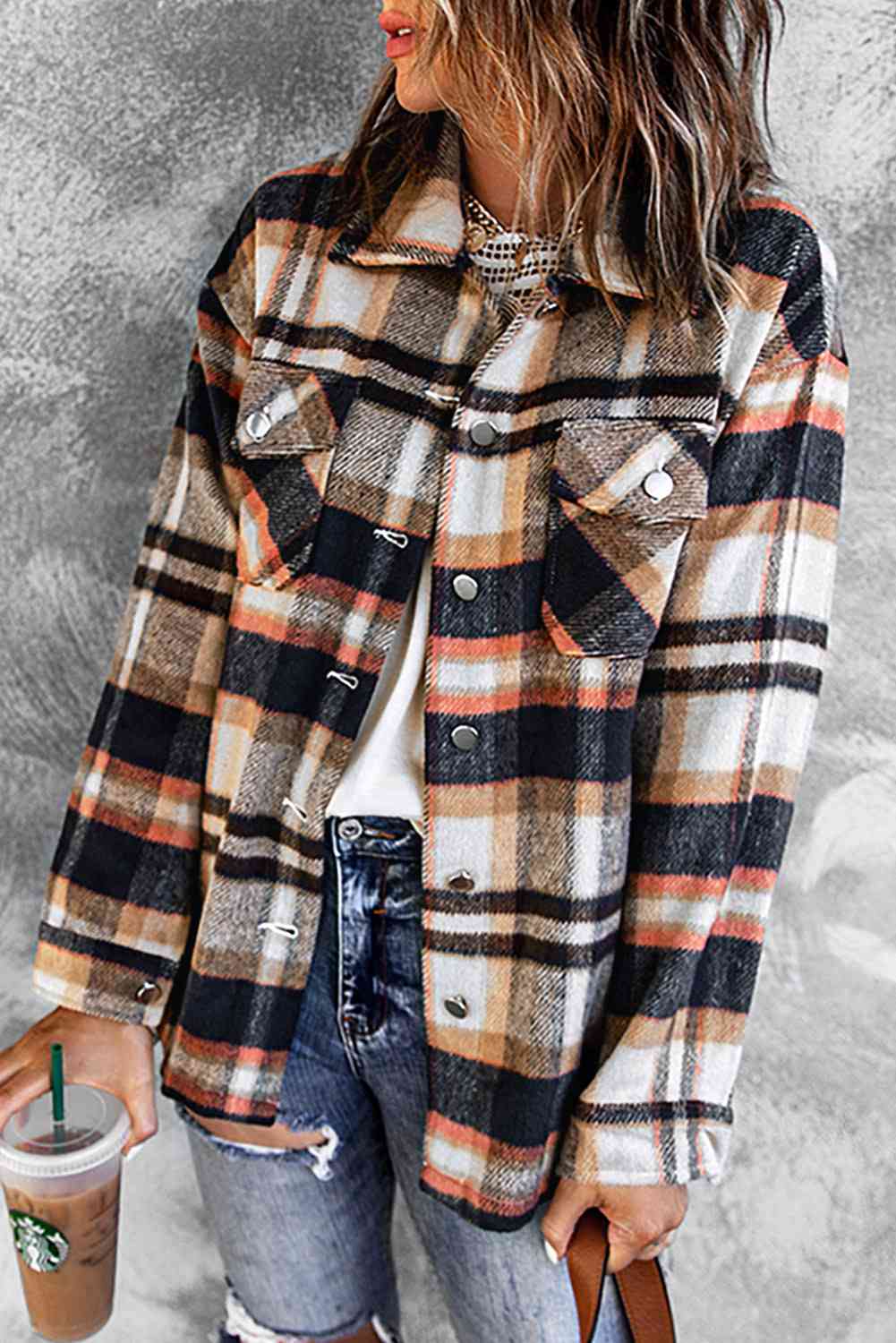 Plaid Button Front Shirt Jacket