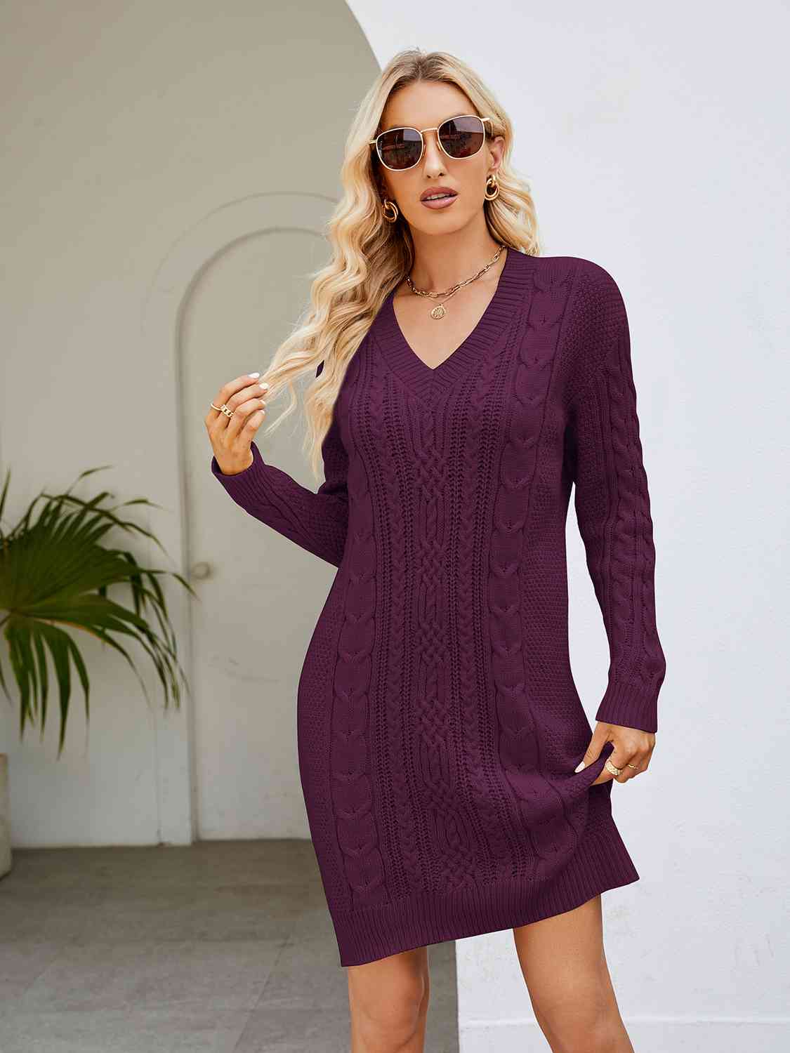 V-Neck Cable-Knit Mini Sweater Dresses