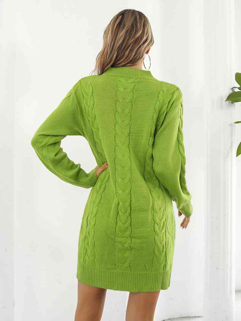 Cable-Knit Round Neck Sweater Dress Lime