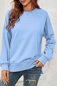 Round Neck Dropped Shoulder Slit Sweatshirt