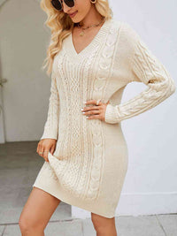 V-Neck Cable-Knit Mini Sweater Dresses
